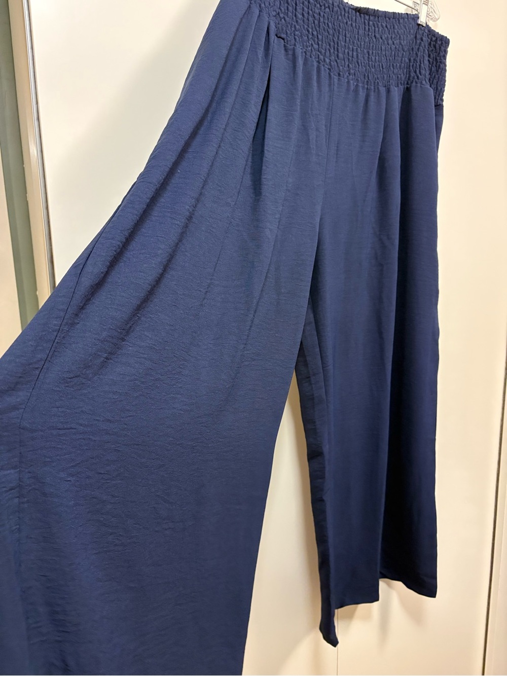 Navy Wide-Leg Smocked Waist Palazzo Pants 100% Cotton 5XL